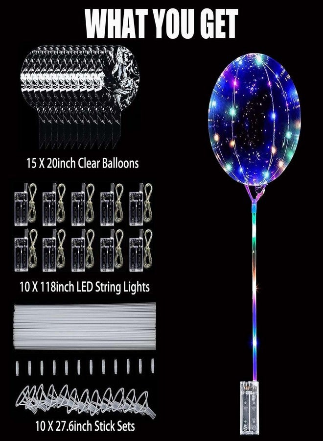 Hokoad 10 Pack LED Balloons with Sticks, 15Pcs 20 Inch Clear Bobo Balloons Light Up Helium Glow Bubble Balloon Lights for Party Supplies Valentines Decor (Colorful) - Image 2